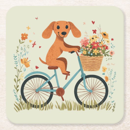 かわいいダックスフンドの犬が自転車で春の花を運ぶ スクエアペーパーコースター (正面)