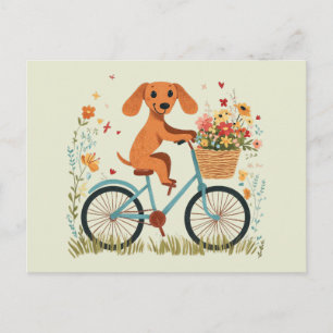 かわいいダックスフンドの犬が自転車で春の花を運ぶ ポストカード