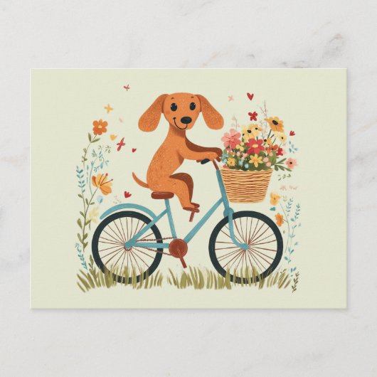 かわいいダックスフンドの犬が自転車で春の花を運ぶ ポストカード (正面)