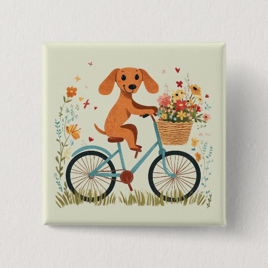 かわいいダックスフンドの犬が自転車で春の花を運ぶ 缶バッジ (正面)