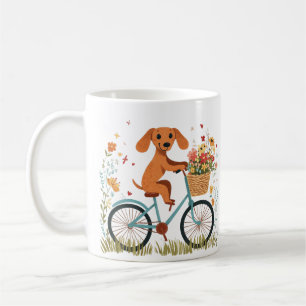 かわいいダックスフンドの犬が自転車に乗って春の花を満載したカゴを抱える コーヒーマグカップ