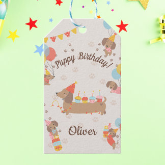 かわいいダックスフンドの誕生日パーティーの子犬 ギフトタグ
