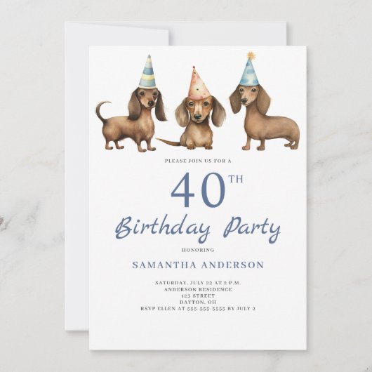 かわいいダックスフンドの40歳誕生日パーティー招待状 招待状 (正面)