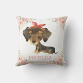 かわいいダックスフンドドッグ赤面ピンクフローラガール クッション (裏面)