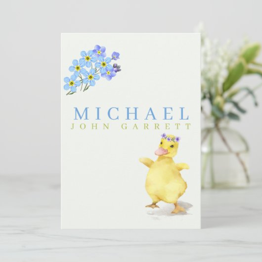 かわいいダックブルーフローラパステル写真男の赤ちゃん誕生 案内状 (スタンド正面)