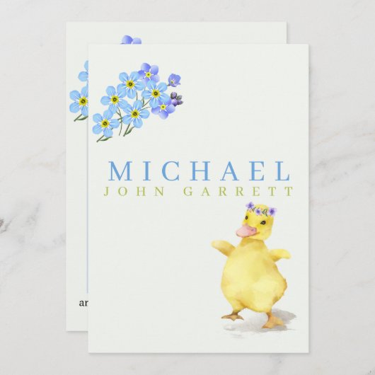 かわいいダックブルーフローラパステル写真男の赤ちゃん誕生 案内状 (正面/裏面)