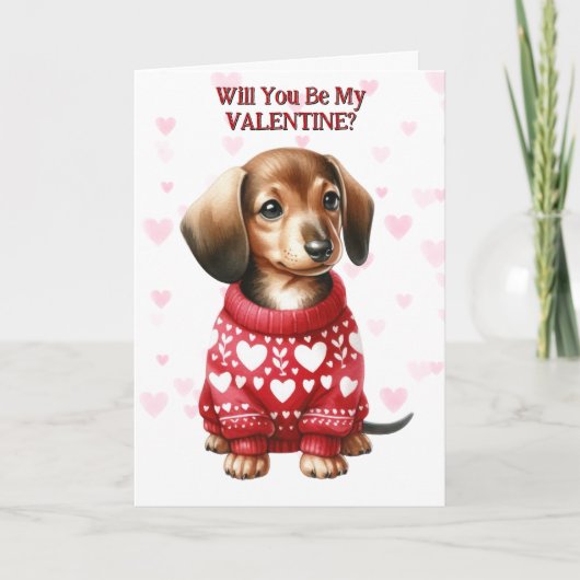 かわいいダッチシュントの子犬のセーターのバレンタイン シーズンカード (正面)