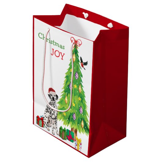 かわいいダルマティアンサンタハットとクリスマスツリー ミディアムペーパーバッグ (正面アングル)