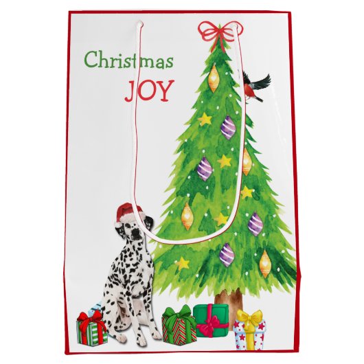かわいいダルマティアンサンタハットとクリスマスツリー ミディアムペーパーバッグ (裏面)