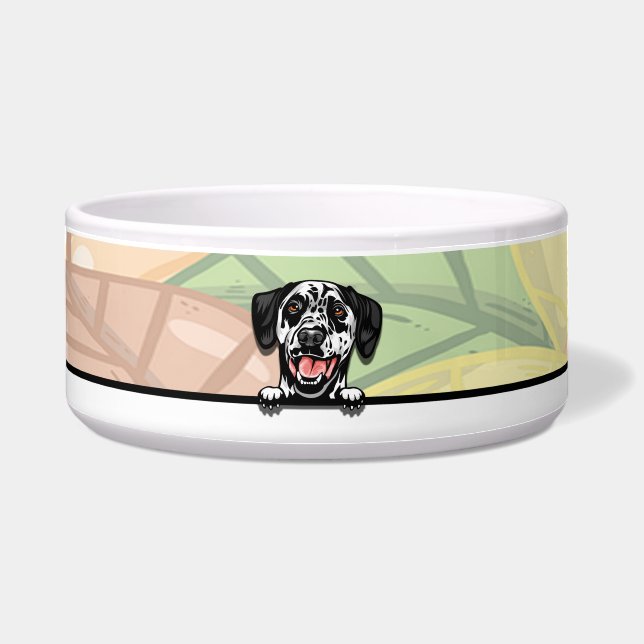 かわいいダルメシアンが覗き見。食べ物または飲み物 ボウル (正面)
