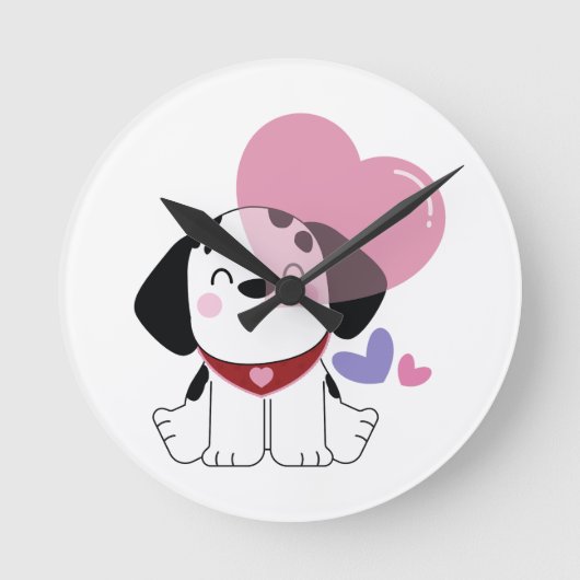 かわいいダルメシアン+子犬+ハート ラウンド壁時計 (正面)