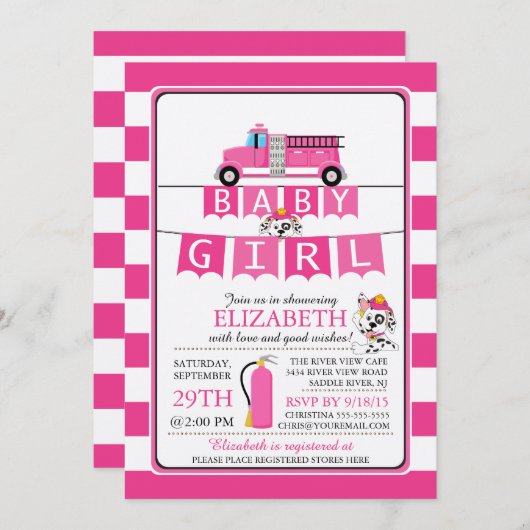 かわいいダルメーション消防車ベビーシャワー招待状 招待状 (正面/裏面)