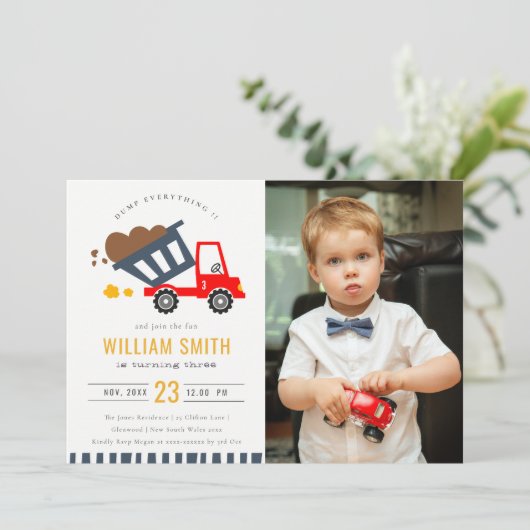 かわいいダンプトラックの子供たち写真任意の年齢誕生日招待状 サンキューカード (スタンド正面)