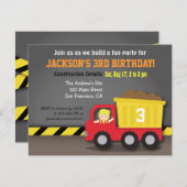 かわいいダンプトラックの建築のテーマの誕生会 招待状 (正面/裏面)