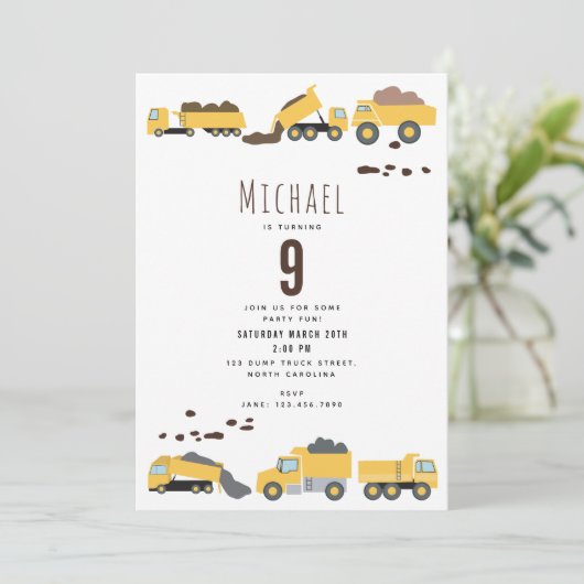 かわいいダンプトラック建築トラック誕生日 招待状 (スタンド正面)