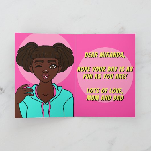 かわいいダークスキンカートゥー10代のガール誕生日 カード (内部)