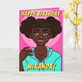 かわいいダークスキンカートゥー10代のガール誕生日 カード (黄色い花)