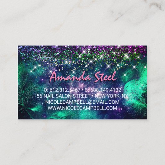 かわいいダークパープルグリーンフェイクグリッター 名刺 (裏面)