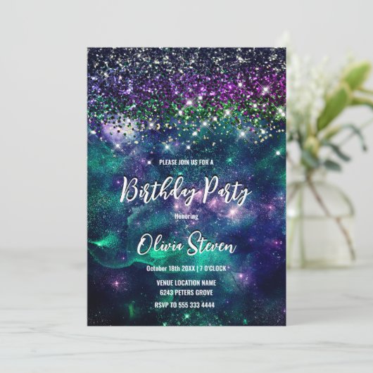 かわいいダークパープルグリーンフェイクグリッター 招待状 (スタンド正面)
