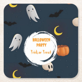 かわいいダークブルーハロウィンパーティーゴーストパンプキン スクエアペーパーコースター