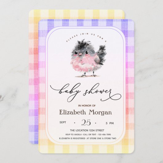 かわいいチお洒落キンプレイドベビーシャワー 招待状 (正面/裏面)