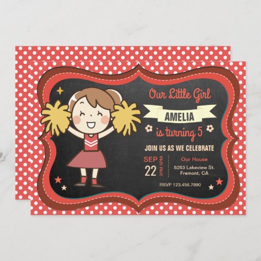 かわいいチアリーダーの女の子の誕生日のパーティの招待状 招待状 (正面/裏面)