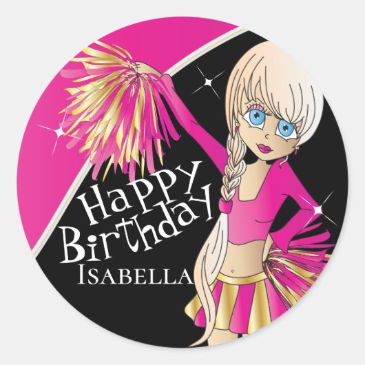 かわいいチアリーダーpom pom女の子 |ピンク ラウンドシール (正面)