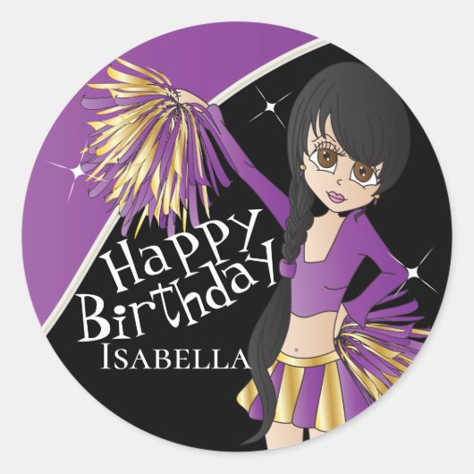 かわいいチアリーダーpom pom女の子 |紫 ラウンドシール (正面)