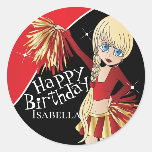 かわいいチアリーダーpom pom女の子 |赤 ラウンドシール (正面)