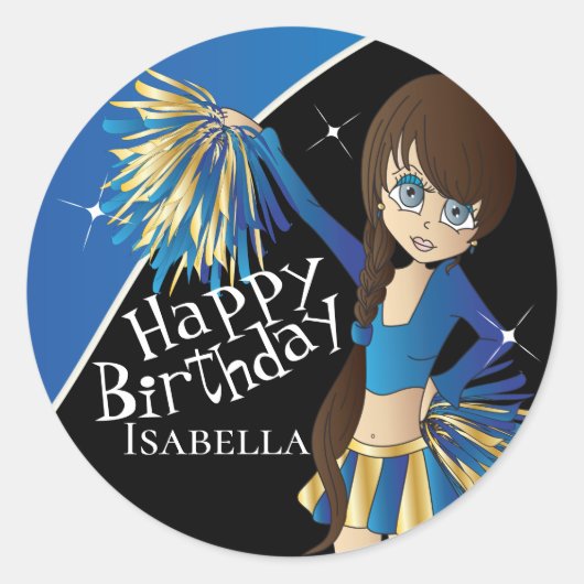 かわいいチアリーダーpom pom女の子 |青 ラウンドシール (正面)