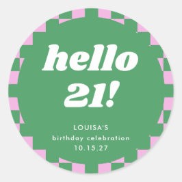 かわいいチェッカーボードピンクグリーン21歳カスタム誕生日 ラウンドシール