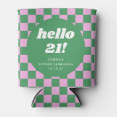 かわいいチェッカーボードピンクグリーン21歳カスタム誕生日 缶クーラー (正面)
