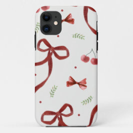 かわいいチェリーと赤いリボンパターンのスマホケース iPhone 11 ケース