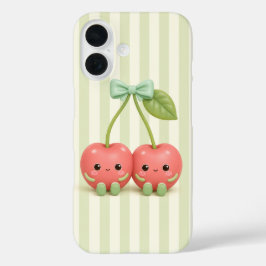 かわいいチェリーペアのサージグリーンのストライプのフォン iPhone 16ケース