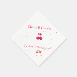 かわいいチェリーペアのピンクと赤の結婚式  スタンダードカクテルナプキン