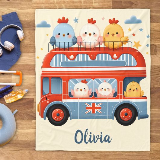 かわいいチキンとロンドンバス フリースブランケット