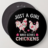 かわいいチキンの花を鶏に愛す少女 缶バッジ (正面&裏面)