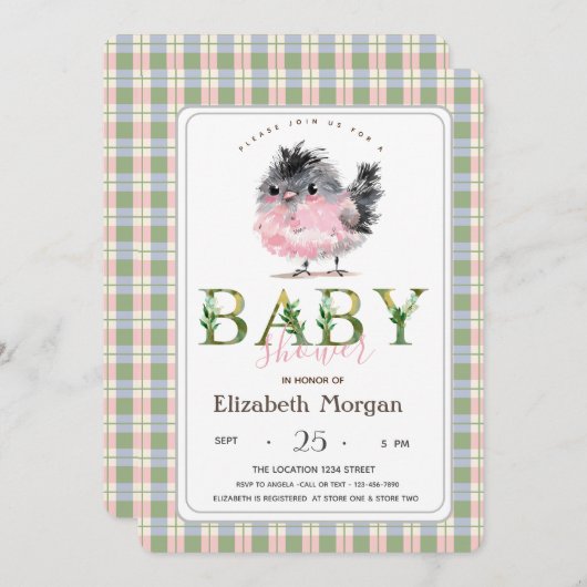 かわいいチキングリーンピンクプライド赤ちゃんシャワー 招待状 (正面/裏面)