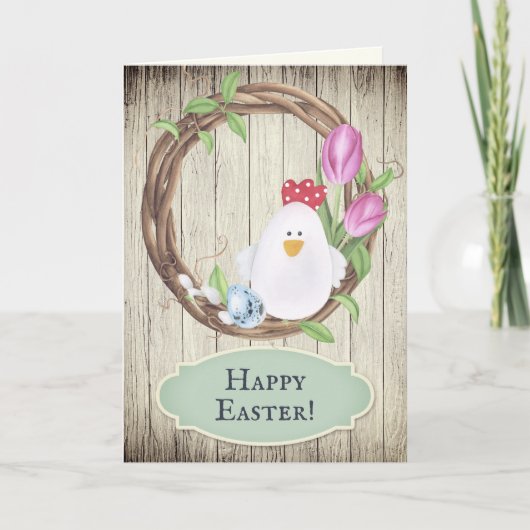 かわいいチキン、卵、リース、チューリップハッピーイースター シーズンカード (正面)