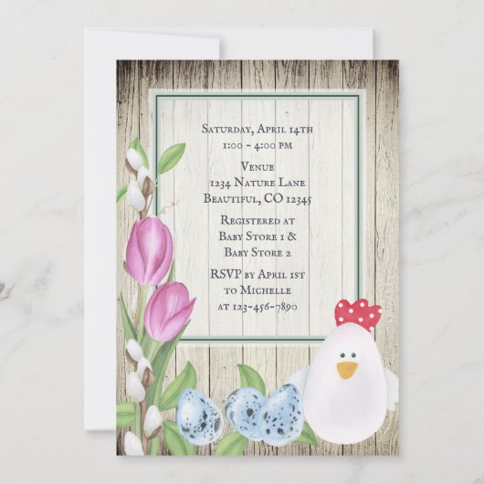 かわいいチキン、卵、リース、チューリップ赤ちゃんシャワー 招待状 (裏面)