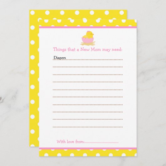 かわいいチックのアドバイスリスト　出産祝いのパーティーで新米ママへ 招待状 (正面/裏面)