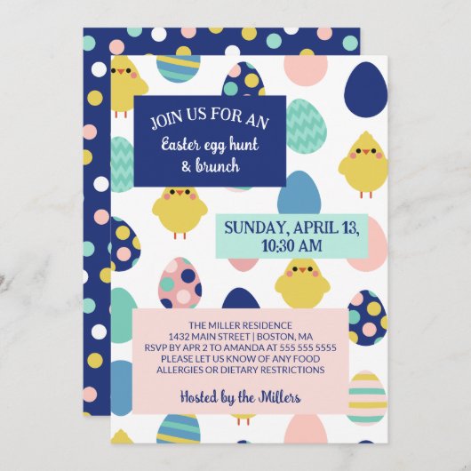 かわいいチックス&エッグイースターエッグ狩り&ブランチ 招待状 (正面/裏面)