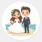 かわいいチビの花嫁と花婿 - ビーチのシーン ラウンドシール (正面)