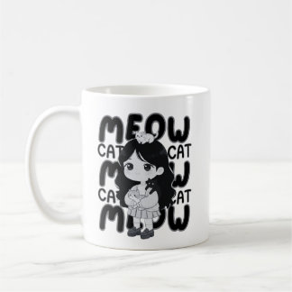 かわいいチビキャラの女の子と猫のイラスト コーヒーマグカップ