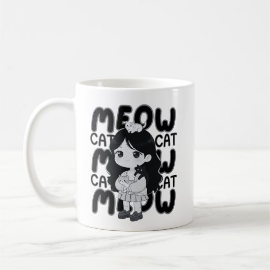かわいいチビキャラの女の子と猫のイラスト コーヒーマグカップ (左)