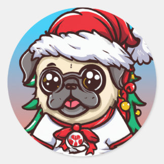 かわいいチビ(小さくかわいく書いた感じ)かわいいドッグパグクリスマスステッカー ラウンドシール