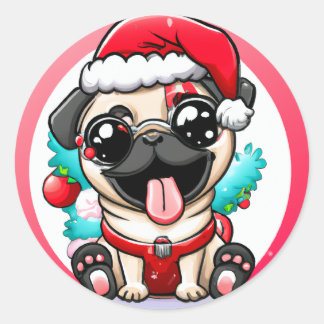 かわいいチビ(小さくかわいく書いた感じ)かわいいドッグパグクリスマスステッカー ラウンドシール