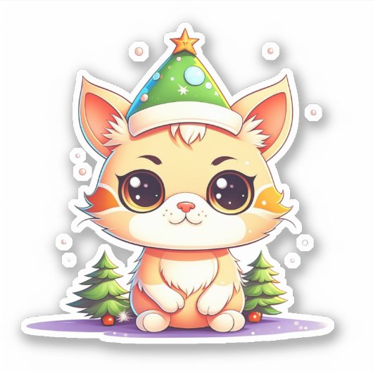 かわいいチビ(小さくかわいく書いた感じ)かわいいマンガのクリスマス猫 シール (正面)