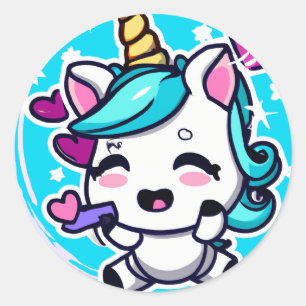 かわいいチビ(小さくかわいく書いた感じ)かわいいユニコーンブルーピンクハート ラウンドシール