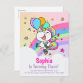 かわいいチビ(小さくかわいく書いた感じ)のユニコーンの誕生日の招待状 案内ポストカード (正面/裏面)